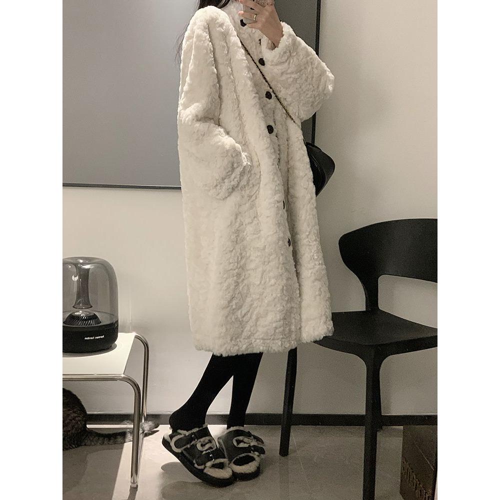 Kabát z jehněčí vlny dámský dlouhý kabát nad koleno kožešinový zateplený volný stojáček vatovaný teplý ležérní bunda
