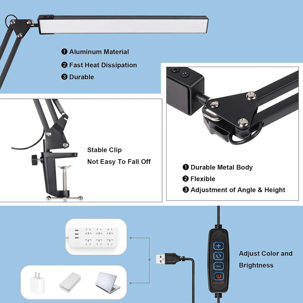 LED Adjustable Arm Desk Lamp with Eye Care, 3 Colors, 10 Brightness Levels for Home and Office.