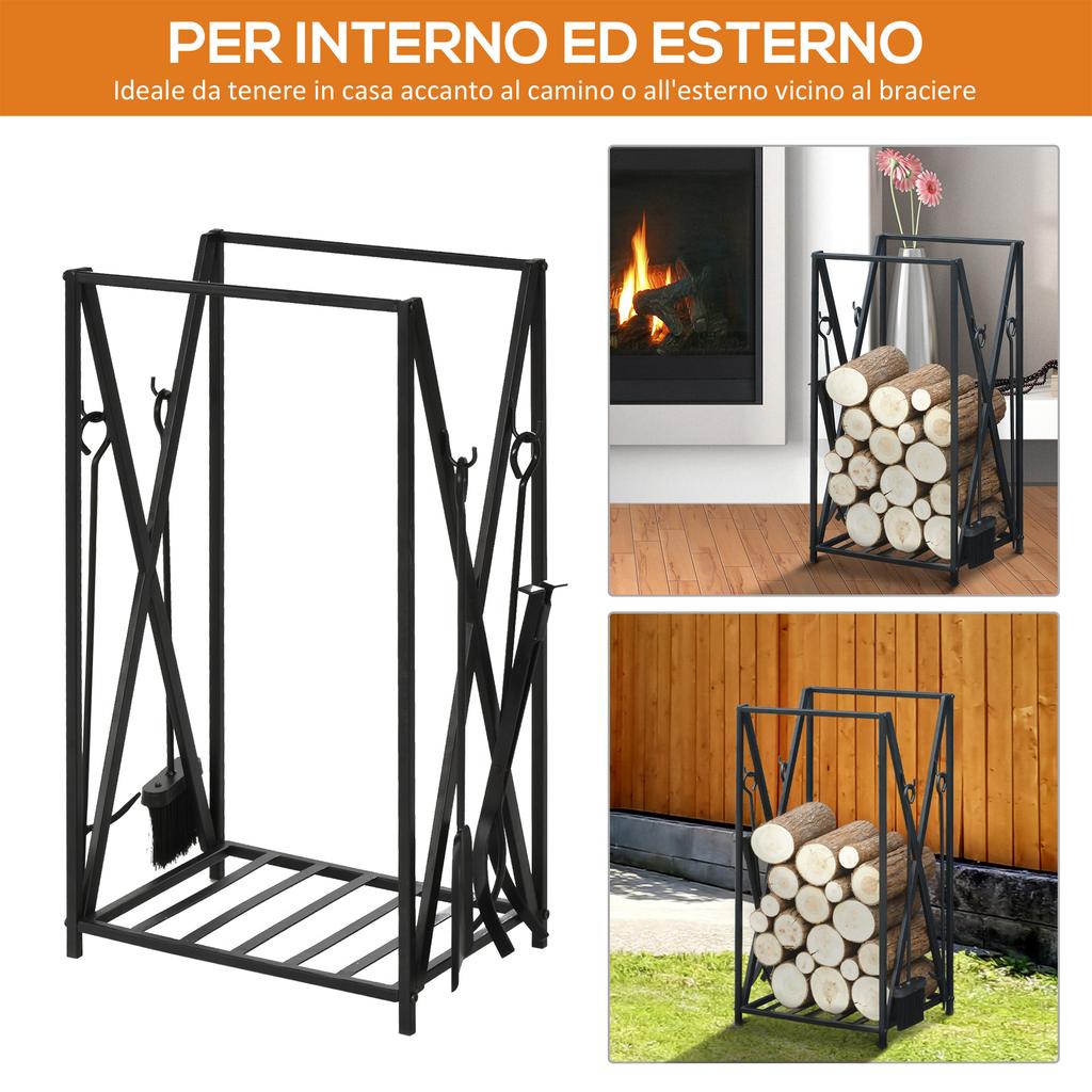 Internal and External Steel Tool Rack with 4 Tools, Wood Door for Stove with Tool Holder, Shovel, Brush and Pliers, 46x30x76cm, Black