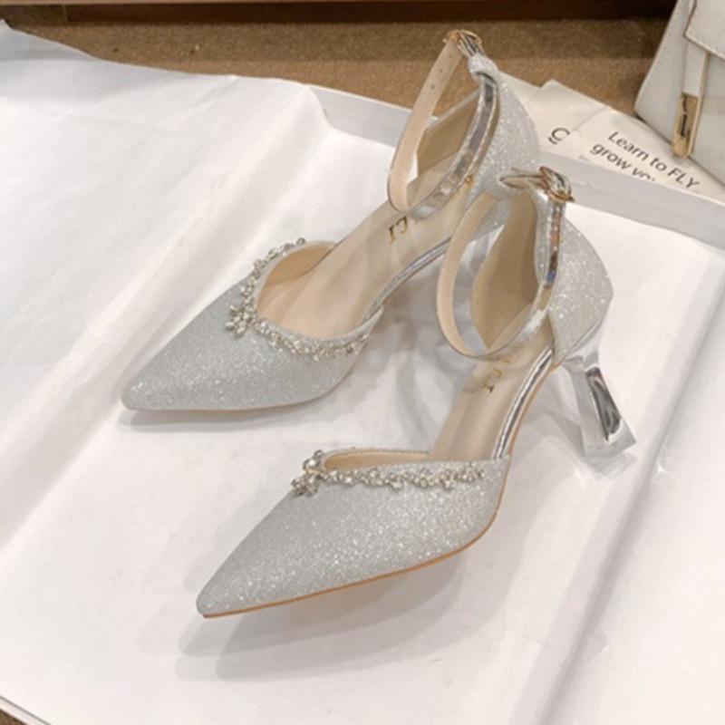 

Модная вечеринка, высокие каблуки, хрустальные женские сандалии, модный острый носок, роскошная обувь 2025 лето, туфли-лодочки с мелким вырезом на ремешке, шлепанцы, платье, сандалии 40 серебряный