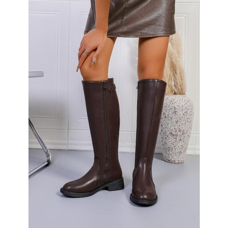 Slim High Boots 2025 Winter New Size Round Toe Side Zipper British Style Knight Boots for Women