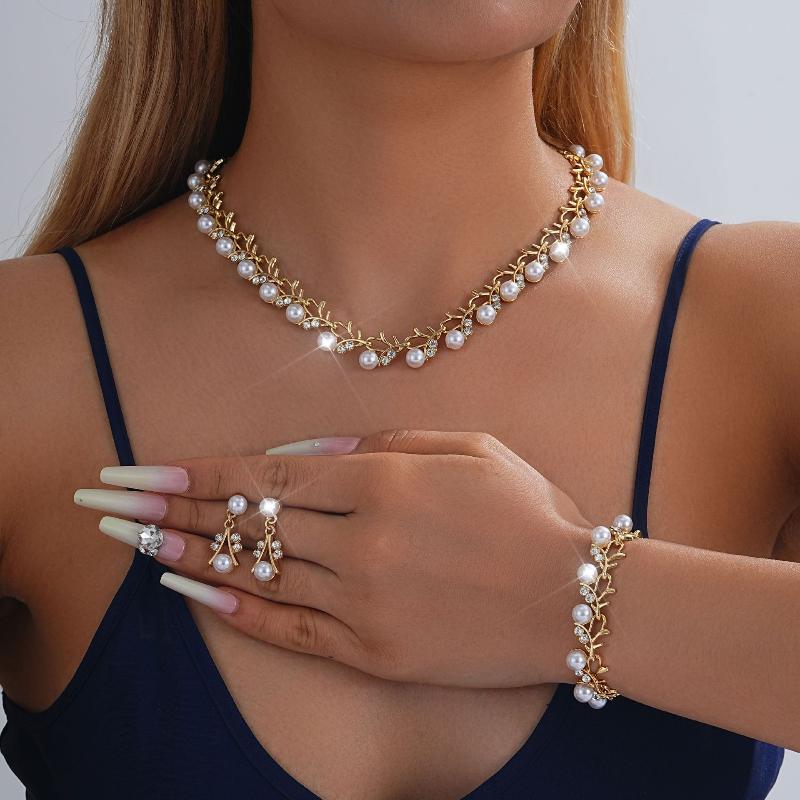 3 Pcs/Set Fashion Retro Women'S Jewelry Set Rhinestone Artificial Pearl Wedding Party Bride Wedding Necklace Bracelet Earrings