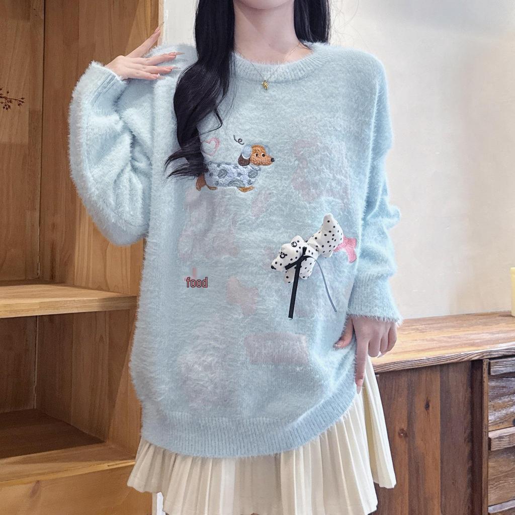 Plus Size Women's Bowknot Mohair Knit Sweater: Autumn/Winter Slimming Mink Velvet