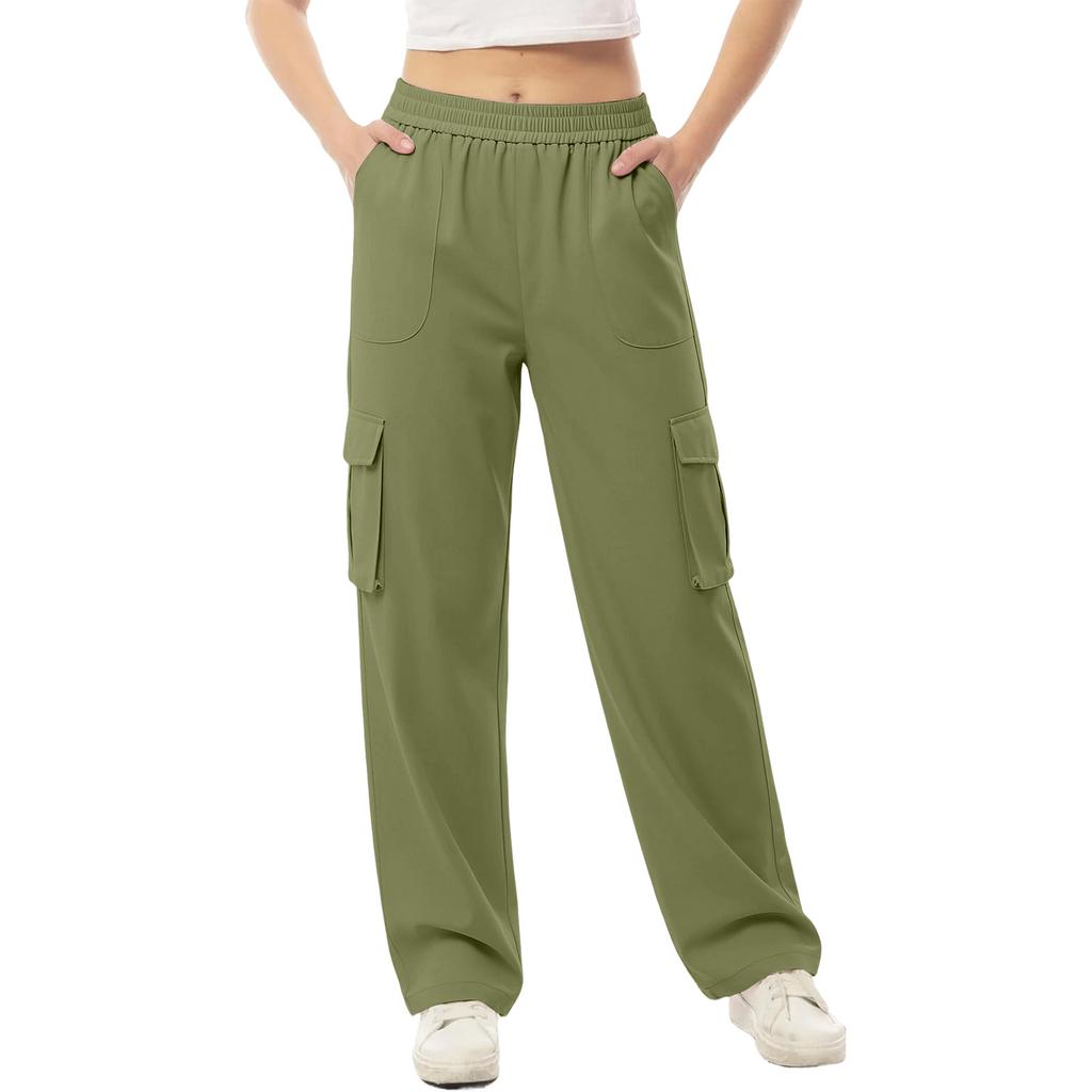 Women's Color Elastic Waist Cargo Pants with Pockets Casual Work Trousers