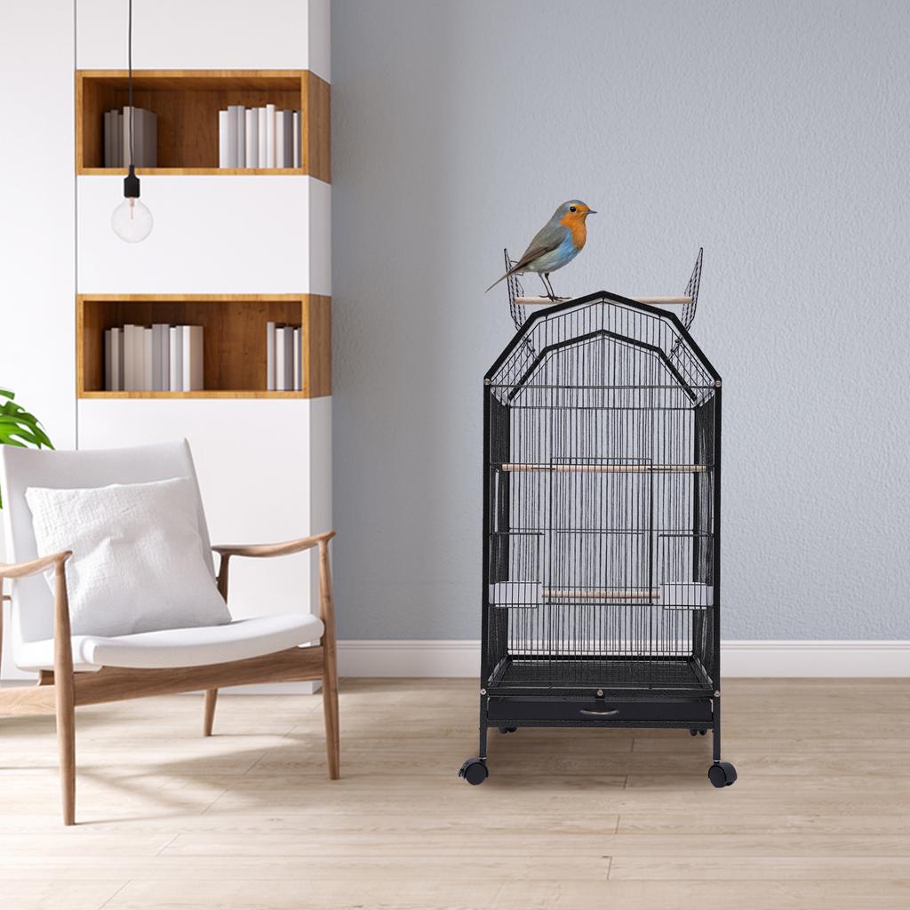 Large Parakeet Bird Cage with Stand, Spacious Metal Flight Cage for Parrots & Finches, Sturdy Iron Bird House w/ Detachable Tray