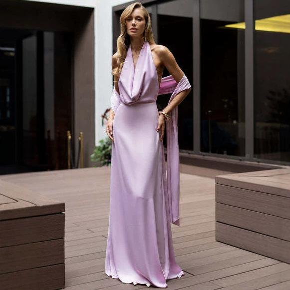 European and American Women's Clothing Spring and Summer Backless Neck Collar Sleeveless Long Dress Waist Hip-wrapped Streamer Dress