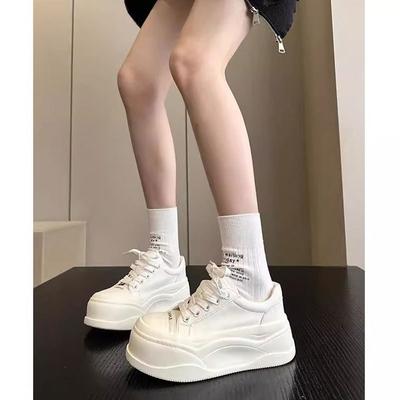 Primo strato pelle di mucca~ scarpe bianche in pelle da donna con zeppa muffin, scarpe con plateau spesso per persone basse, aumento altezza, testa grande, casual, scarpe da donna a pane