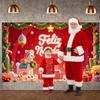 Christmas Banner Colorful Ornaments Navidad Backdrop Santa Claus Background Green Curtains Holiday Display For Christmas Holiday