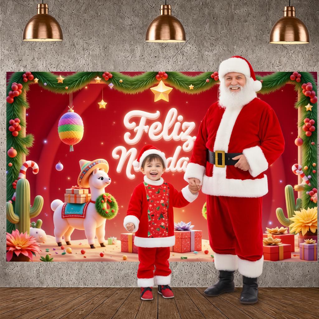 Christmas Banner Colorful Ornaments Navidad Backdrop Santa Claus Background Green Curtains Holiday Display For Christmas Holiday