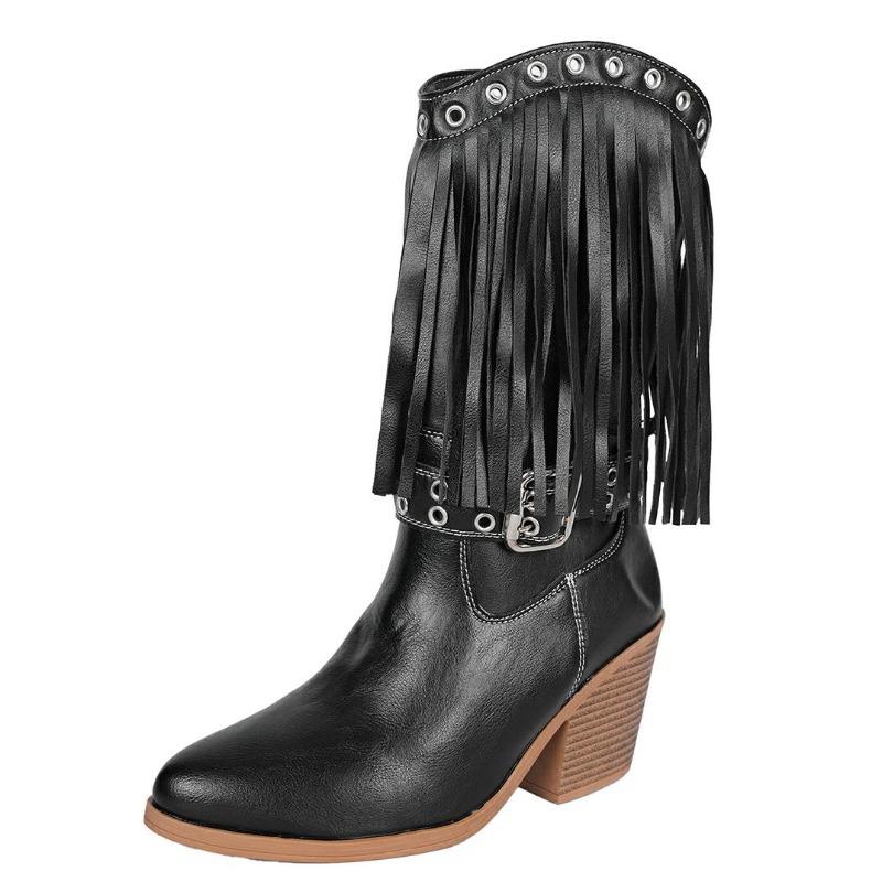 Fashion 8.5CM Women High Boots Trend Retro Metal Buckle Thick Heel Tassle Western Cowboy Boots Female Shoes Botas De Mujer Large Size 42