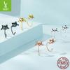 Cute Cat Stud Earrings Set, Playful Animal Electroplated 925 Sterling Silver Jewelry.