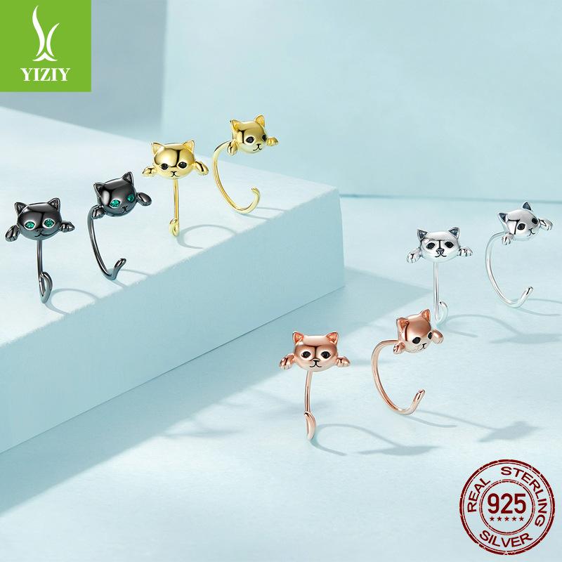 Cute Cat Stud Earrings Set, Playful Animal Electroplated 925 Sterling Silver Jewelry.
