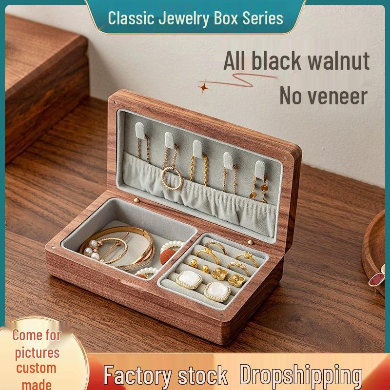 Boîte à Bijoux en Bois Massif Noyer Noir - Boîte Souvenir pour Bague, Montre, Collier avec Couvercle à Rabat