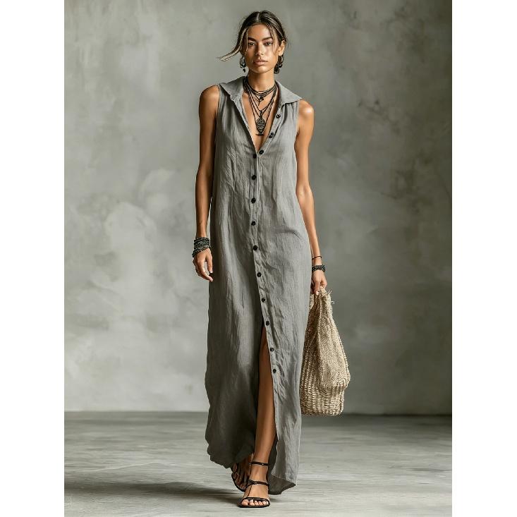 2026 New Women's Casual Loose Sleeveless Long Dress with Single-Breasted Buttons and Fashionable Hood