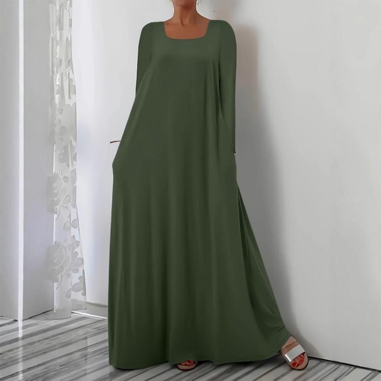Fashionable Square Neck Long Sleeved Casual Dress Women Loose Pullover Long Dress Color