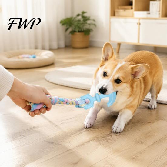 Tear Resistant Dog Rope Tug of War Toy, Rubber Chew Toy with Braided Safe Toys Fabric Strips, Interactive Teeth Cleaning for Small to Large