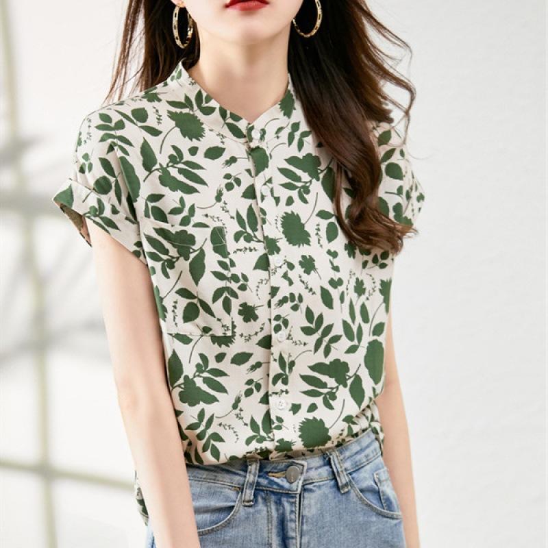 Bluse Top da Donna Estivo Stile Camicie Top da Donna Casual Manica Corta Collo Alto Stampa Floreale Blusas Top