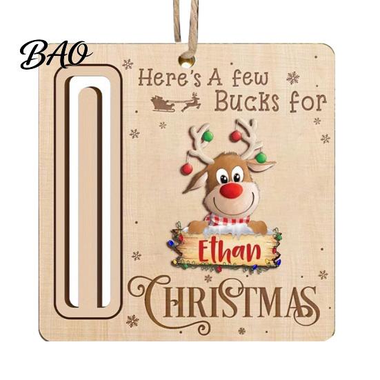 Elk Pattern Xmas Tree Pendants Rustic Santa Reindeer Money Holder Ornament, Wooden Cash Gift Card Holiday Holders Clip with Slot, Christmas