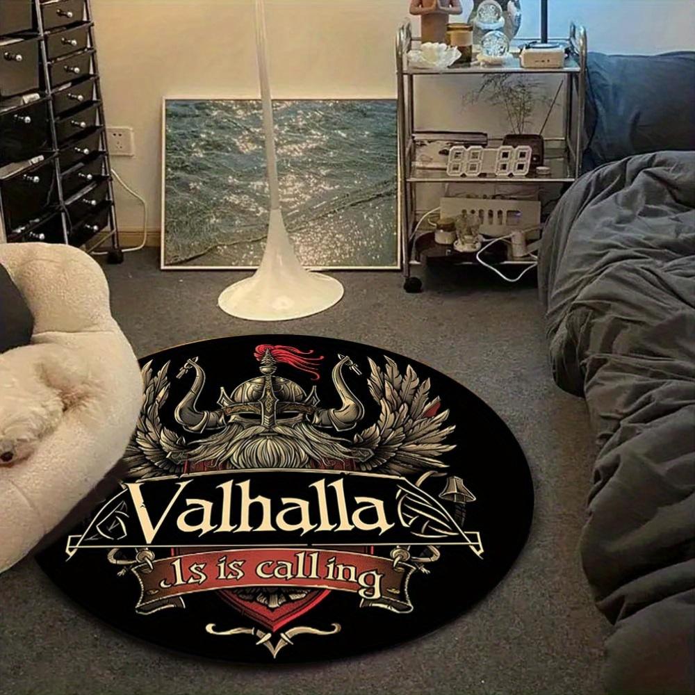Viking Odin Totem Round Rug, Non-Slip Mat, Valhalla Themed Decor for Office, Living Room, Lightweight Carpet