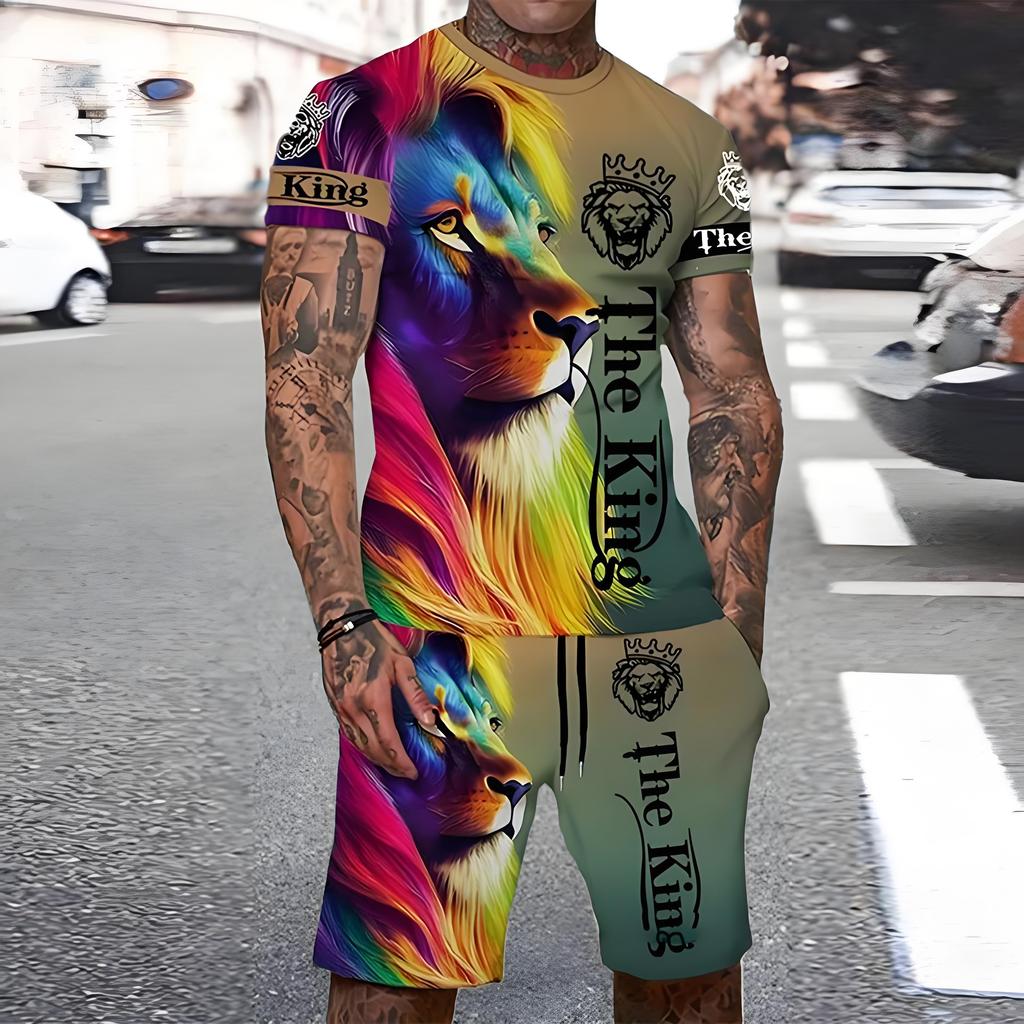 Trendy Lion Graphic Short Sleeve Top Drawstring Shorts Set Summer T-shirt Pocket Shorts 2-piece Set Oversized Men's Clothing