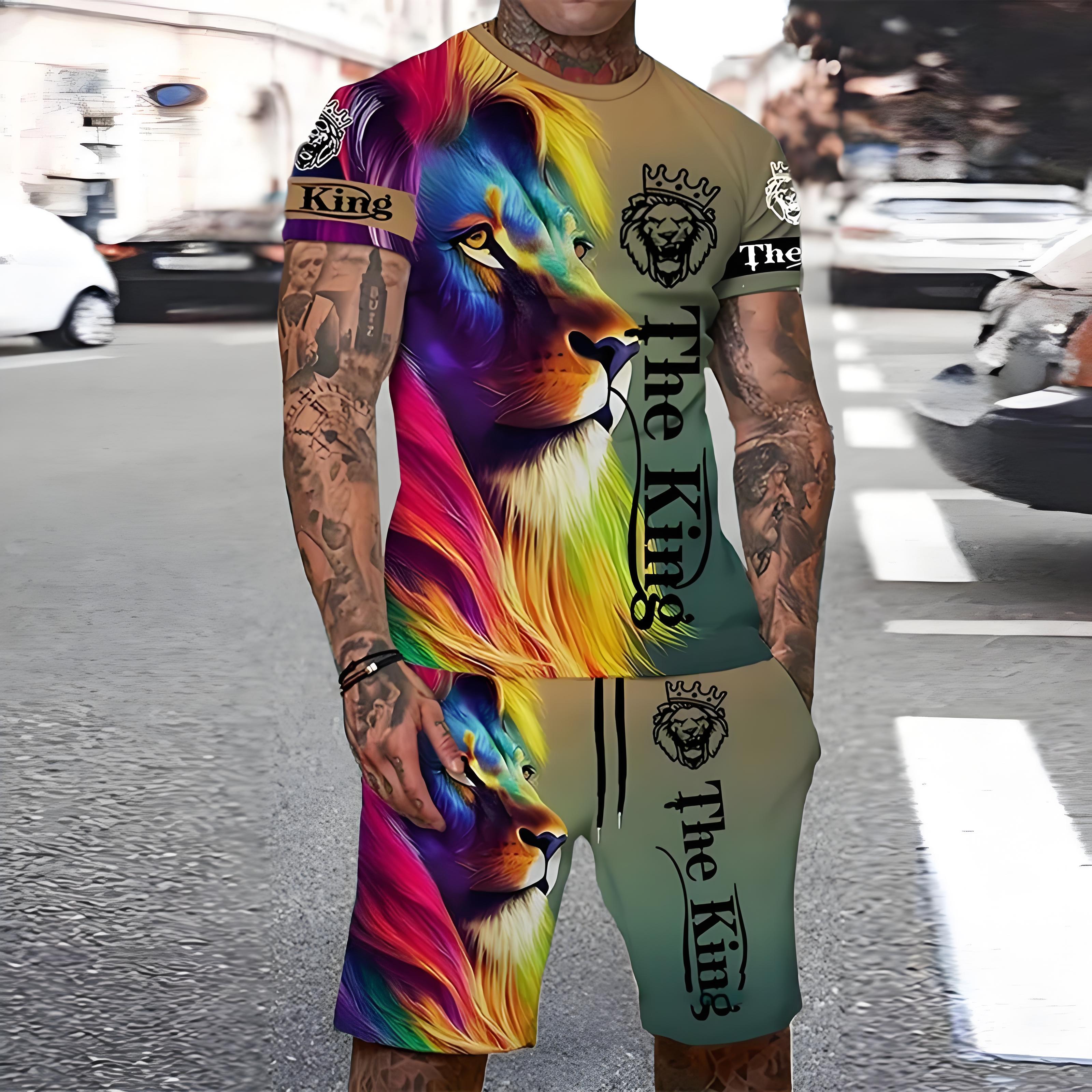 

Trendy Lion Graphic Short Sleeve Top Drawstring Shorts Set Summer T-shirt Pocket Shorts 2-piece Set New Oversized Men s Clothing 6XL