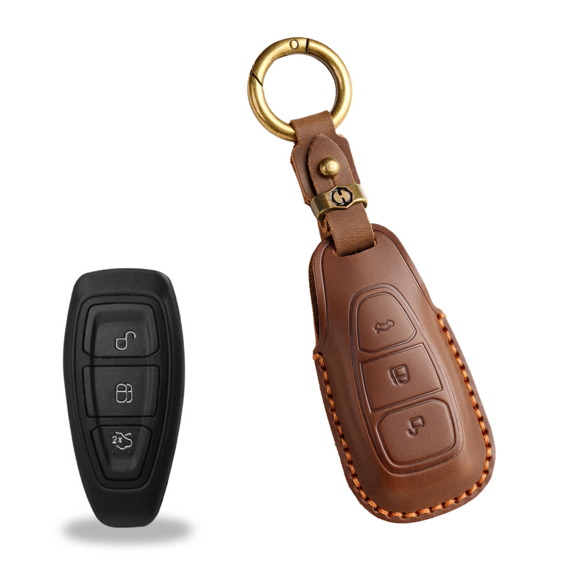 Retro Key Cover Is Suitable For Ford Focus Car Key Case, Hand-Stitched Genuine Leather Key Protective Case.