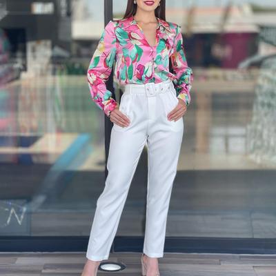 Spring Women's Printed Long Sleeve Shirt Casual High Waist Western Pants Two Piece Set