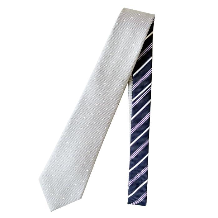 [D+Arts] Men's Silk Necktie, Nishijin-ori Weave, Made in Japan, Dot and Stripe Pattern, Color-Blocked, Changeable Tie, Gray, Stylish, Business Suit