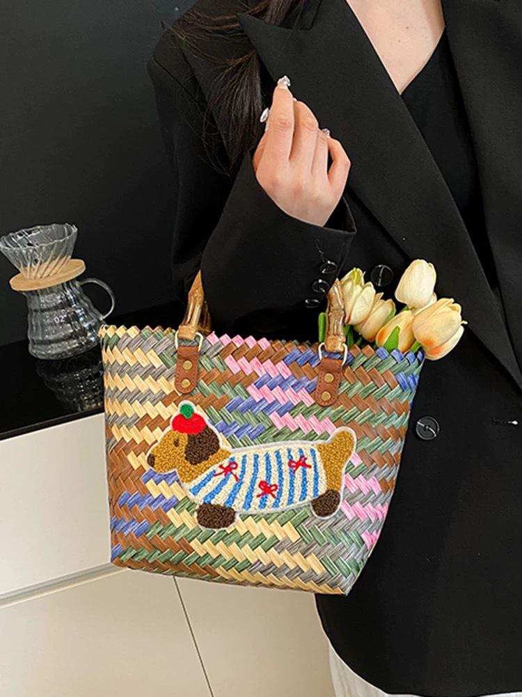 Elegant Handmade Bamboo Woven Tote – Stylish Rattan-Style Beach & Makeup Bag