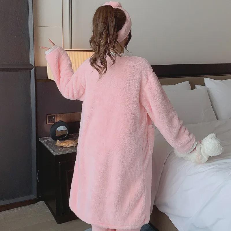 Suspender Trousers & Outer Robe Set with Chest Pad + 3D Hairband - Autumn/Winter Sexy Pajamas Coral Fleece 4-Piece Set.