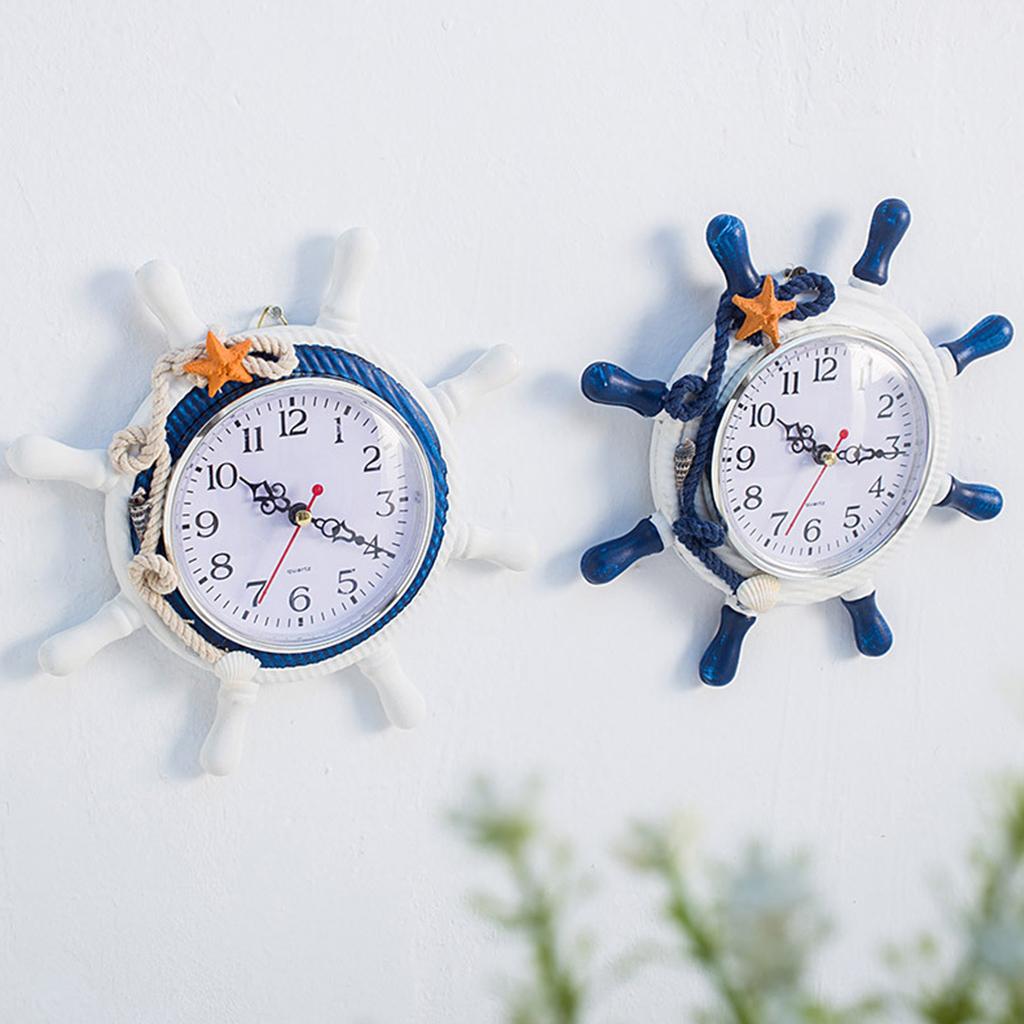 Mediterranean Style Wooden Wall Clock Retro Rudder Ship Wheel Round Hanging Time Clock Farmhouse Home Nautical Decor