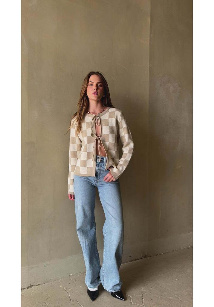 2024 Winter European & American Plaid Lace-up Cardigan Women's Knit Top