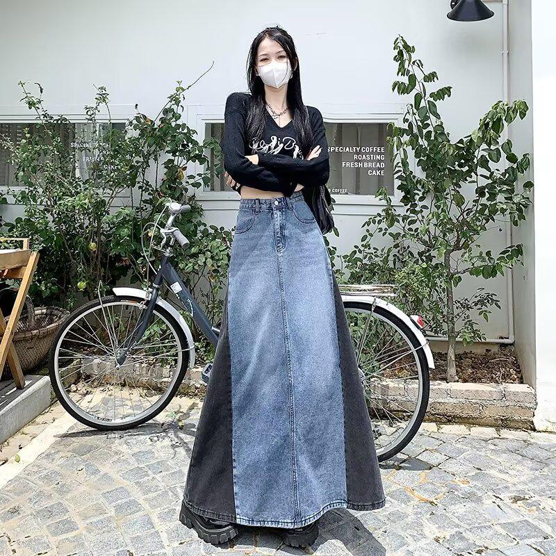 Fustă midi A-line din denim patchwork retro - Primăvara 2025 Design color block subțiere pentru femei