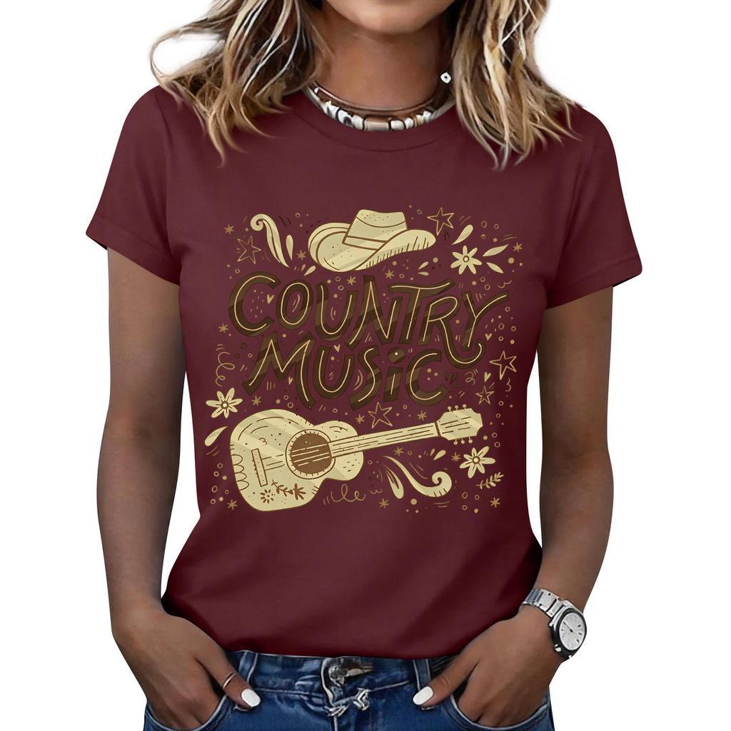 Women's Fashionable Casual Music Festival Print Round-Neck Short-Sleeve T-Shirt