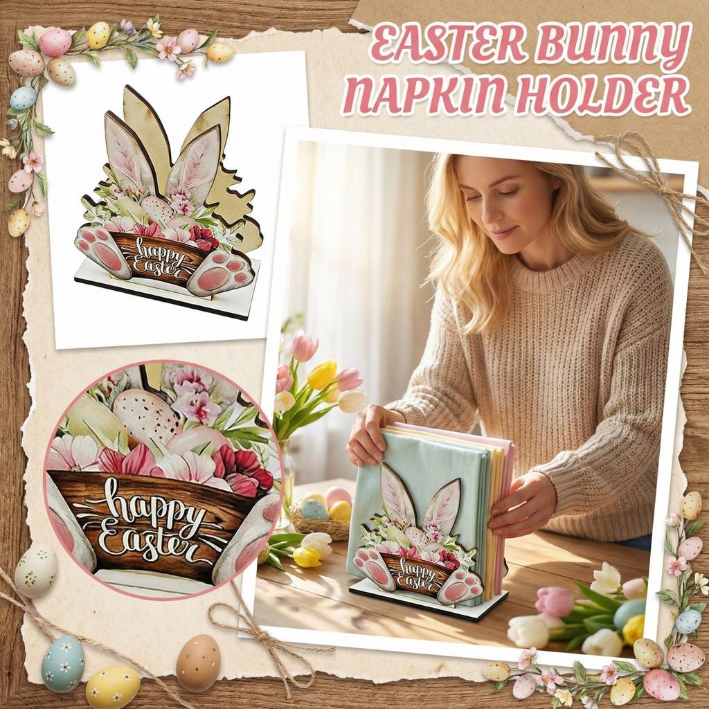 Houten decoratieve plaquette met paashaasje als servettenhouder. Decoratief item.