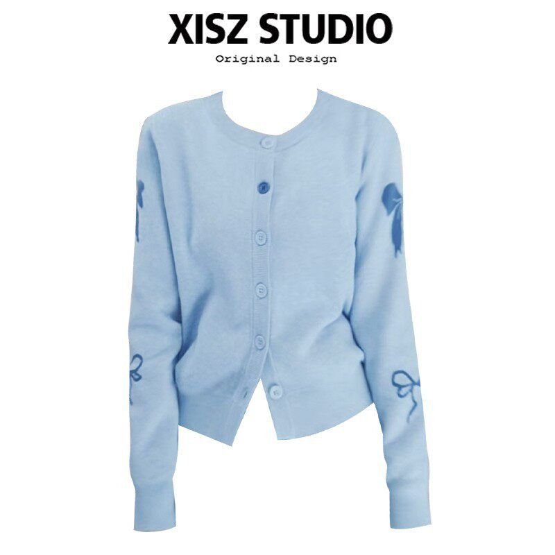 

French Style Temperament Bows Jacquard Blue Knitwear Women s Clothing Autumn Simplicity Easiest for Match O-neck Short Cardigan Top Light Blue Cardigan [High Quality] S