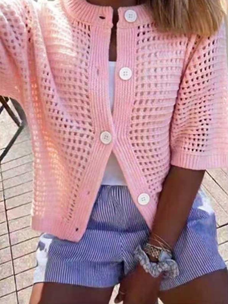 Damen Häkel-Strickjacke mit Ajourmuster, Kurzarm, Knopfleiste, Unifarben, Sommer-Top