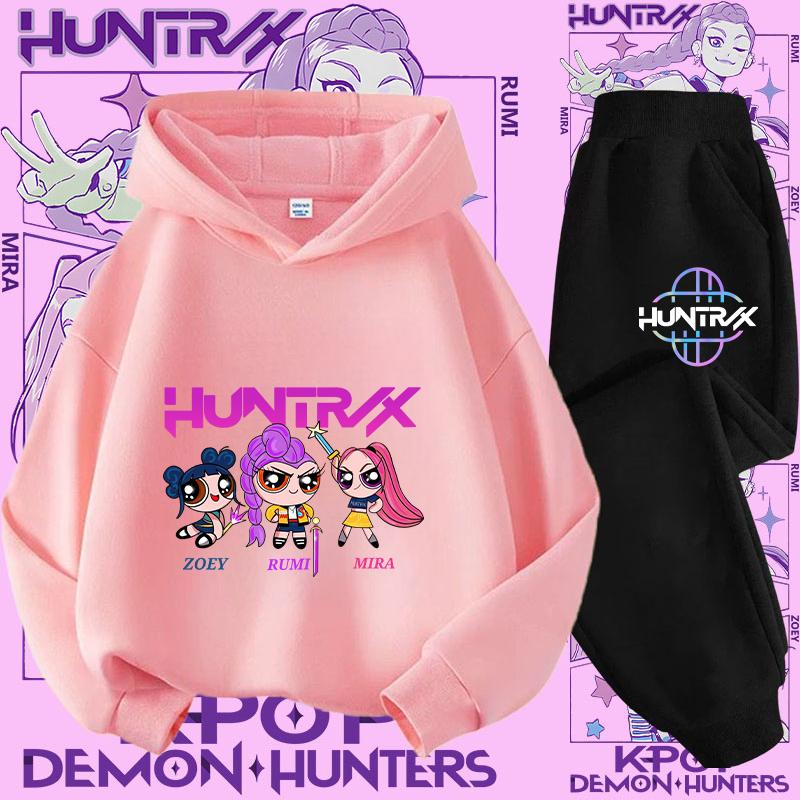 New K-pop Demon Hunter 3 - 12-year-old Girls' Sportswear 2-piece Cute Casual Top Children's Hooded Shirt Set with Cartoon Print