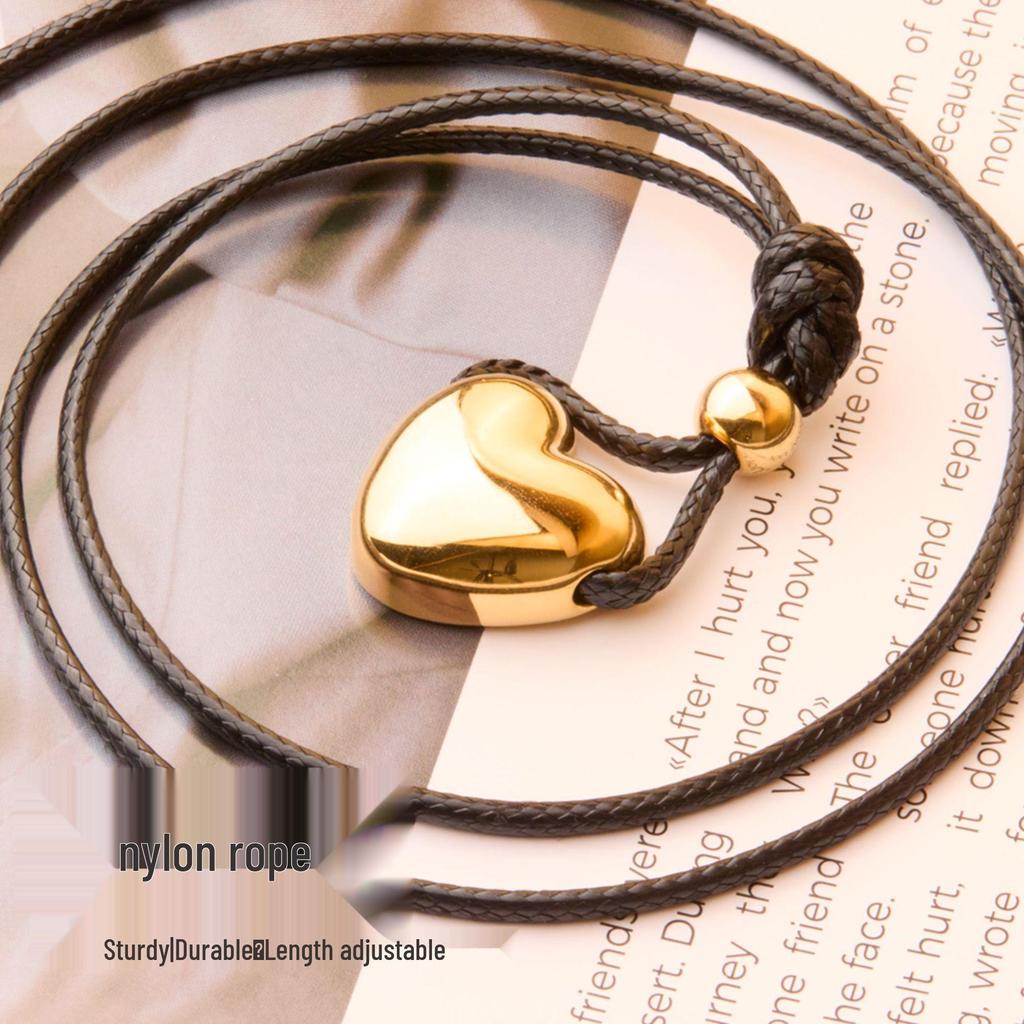 Glossy Heart Necklace with Black Wax Cord, Adjustable 18K Gold-Plated Titanium Steel for Women