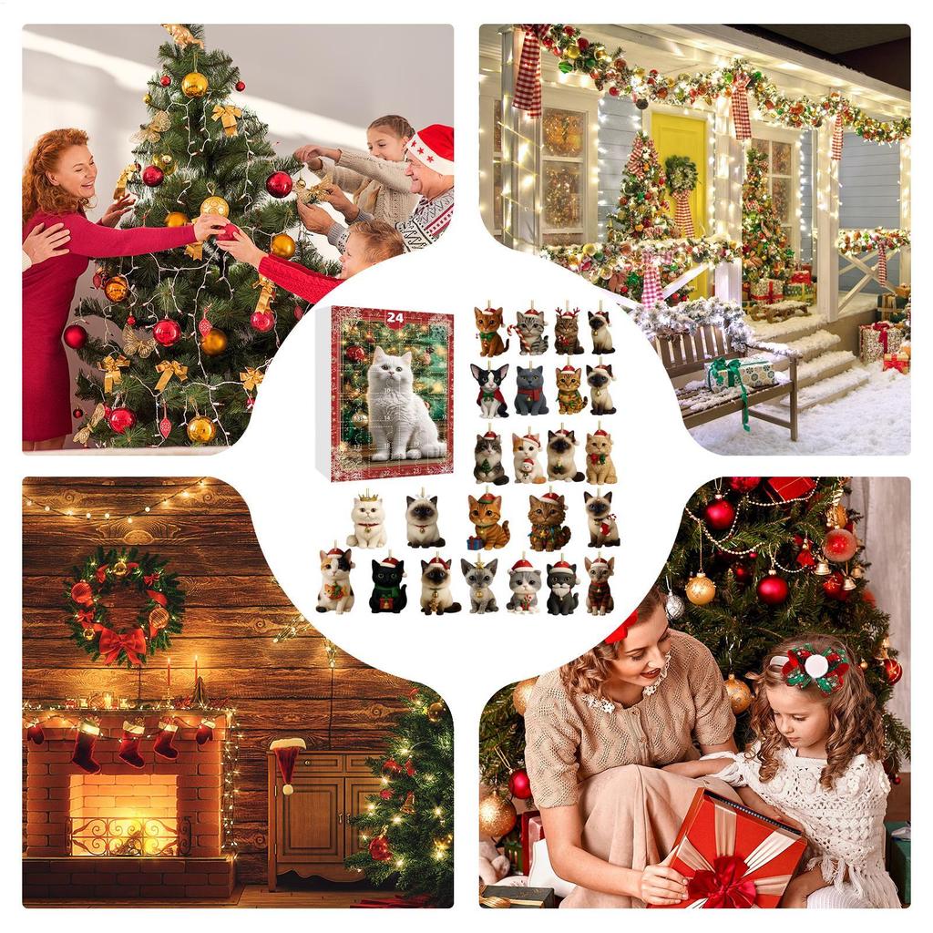 Cat Advent Calendar 24 Days Countdown 2D Acrylic Kitten Ornaments Christmas Tree Decor Holiday Home Car Charm Gift for Cat Lover