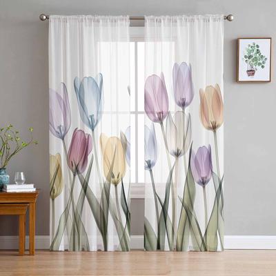 Tulip Flower Watercolor Style Sheer Curtains for Living Room Decoration Window Curtains for Kitchen Tulle Voile Organza Curtains