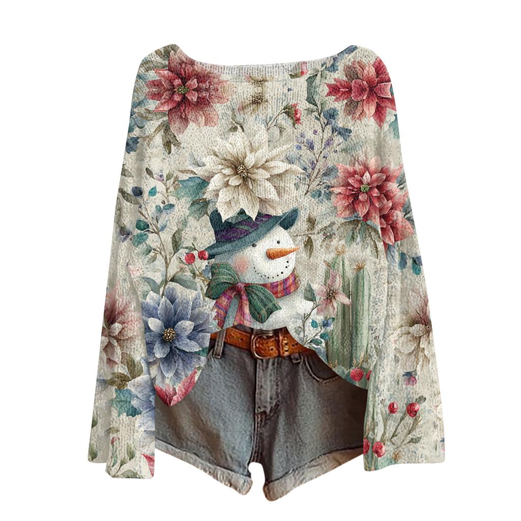 Womens  Fall Sweaters Long Sleeve Print Tops Pullover Sweaters Loose Dressy Casual Basic Clothes