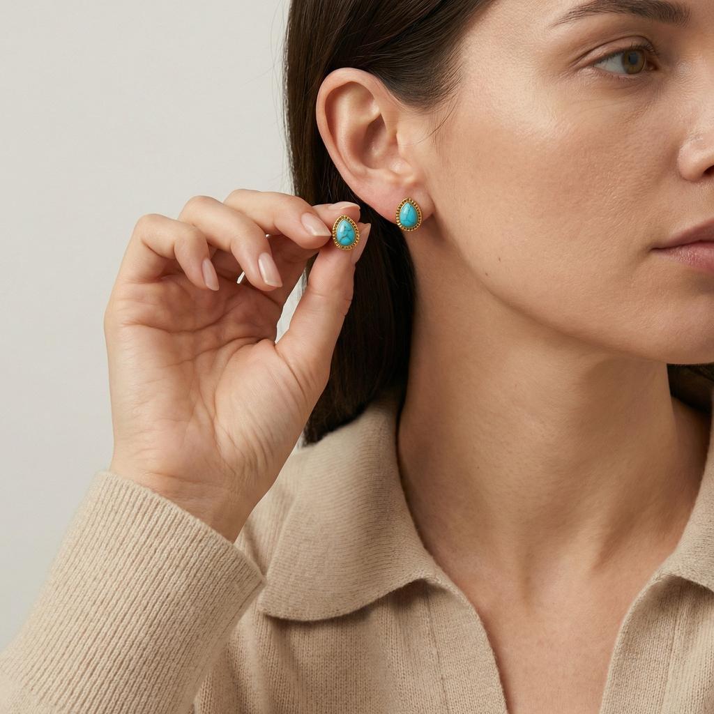 Vnox Vintage Gold Plated Water Drop Shaped Turquoise Stud Earrings, Stainless Steel Natural Stone Earrings Jewelry for Women