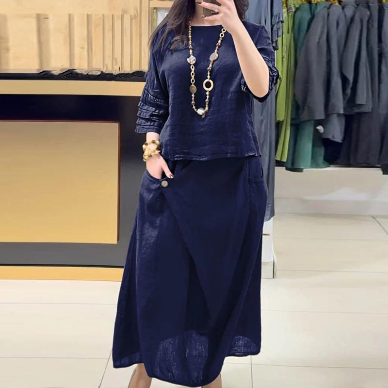 Casual O Neck Top Pullover A-Line Skirts Cotton Linen Set Woman 2 Pieces Half Sleeve Loose Outfit Spring Vintage Suit Harajuku