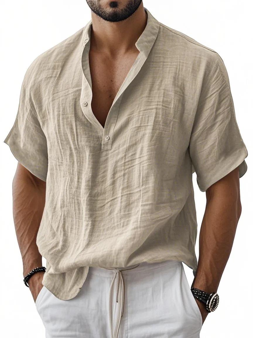 

Men s summer new men s lapel shirt solid color short-sleeved casual versatile cotton and linen shirt 5XL хакі