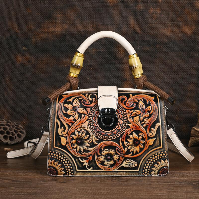 Johnature Vintage Luxury Handbag Handmade Leather Carved Women Bag Versatile Female Shoulder & Crossbody Bags