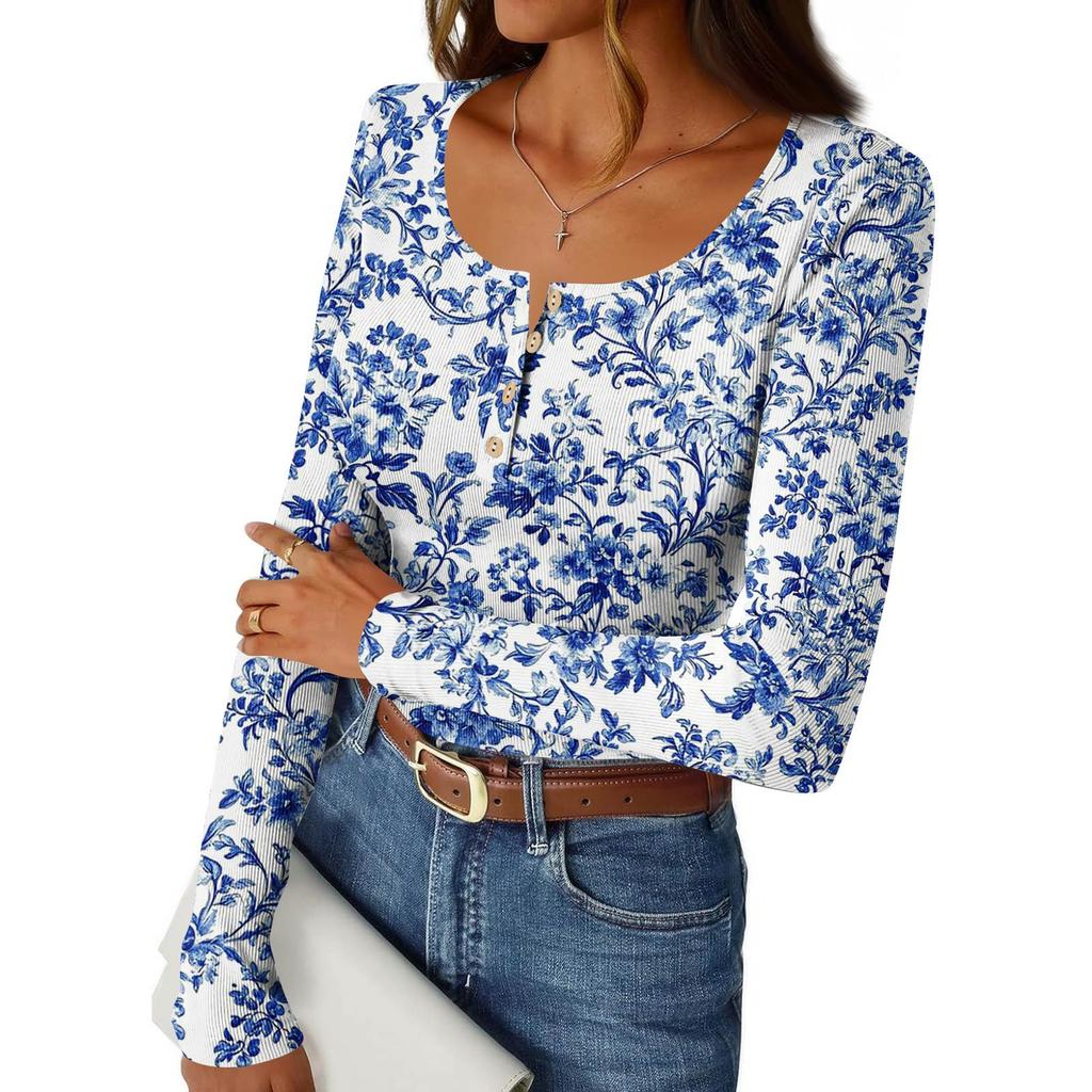 Camiseta de Fondo Delgado para Mujer Moda Casual Estampado Degradado Cuello Redondo Jersey Manga Larga Top