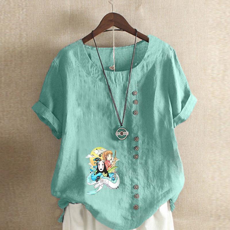 Women's New Fashion Linen Shirt Round Neck Short Sleeve Cartoon Characters Pattern Printed T-shirt Summer Ladies Casual Plus Size Blouse Tops