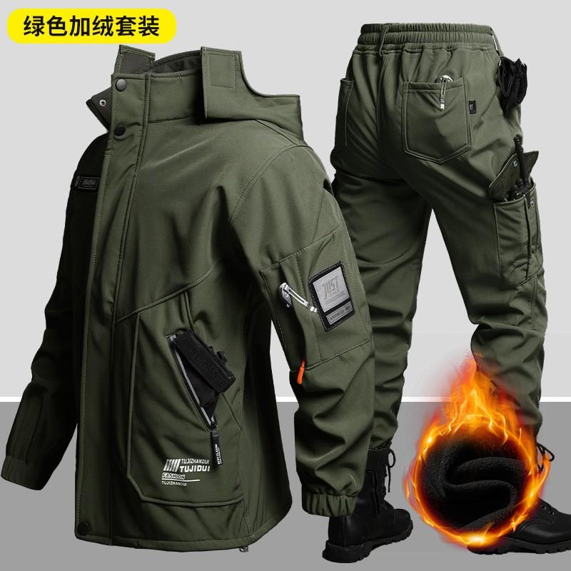 Mens Winter Waterproof Windproof Softshell Cycling Jacket Set Hooded Loose Fit Outdoor Hiking Riding Workwear