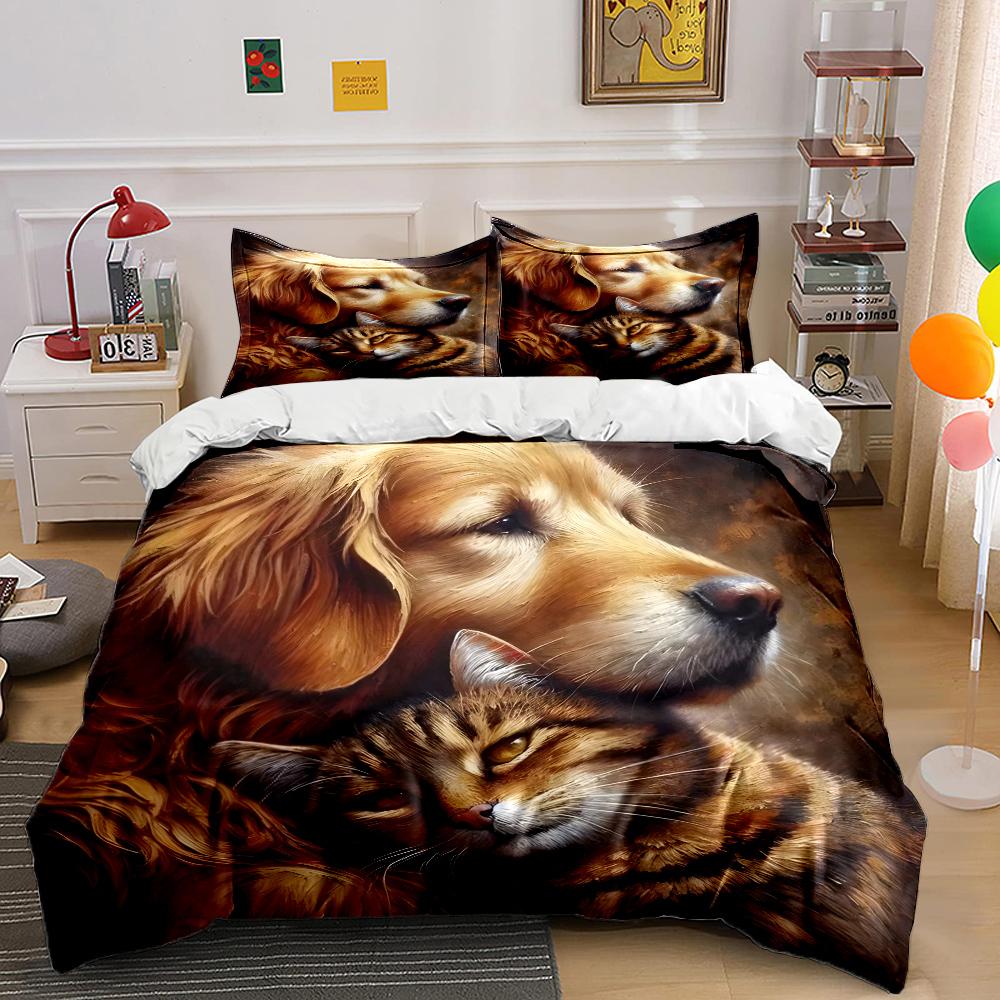 Warm dog and cat embrace painting Print Soft Comfortable Duvet Cover Bedding Set Included 1*Duvet Cover 2*Pillowcases